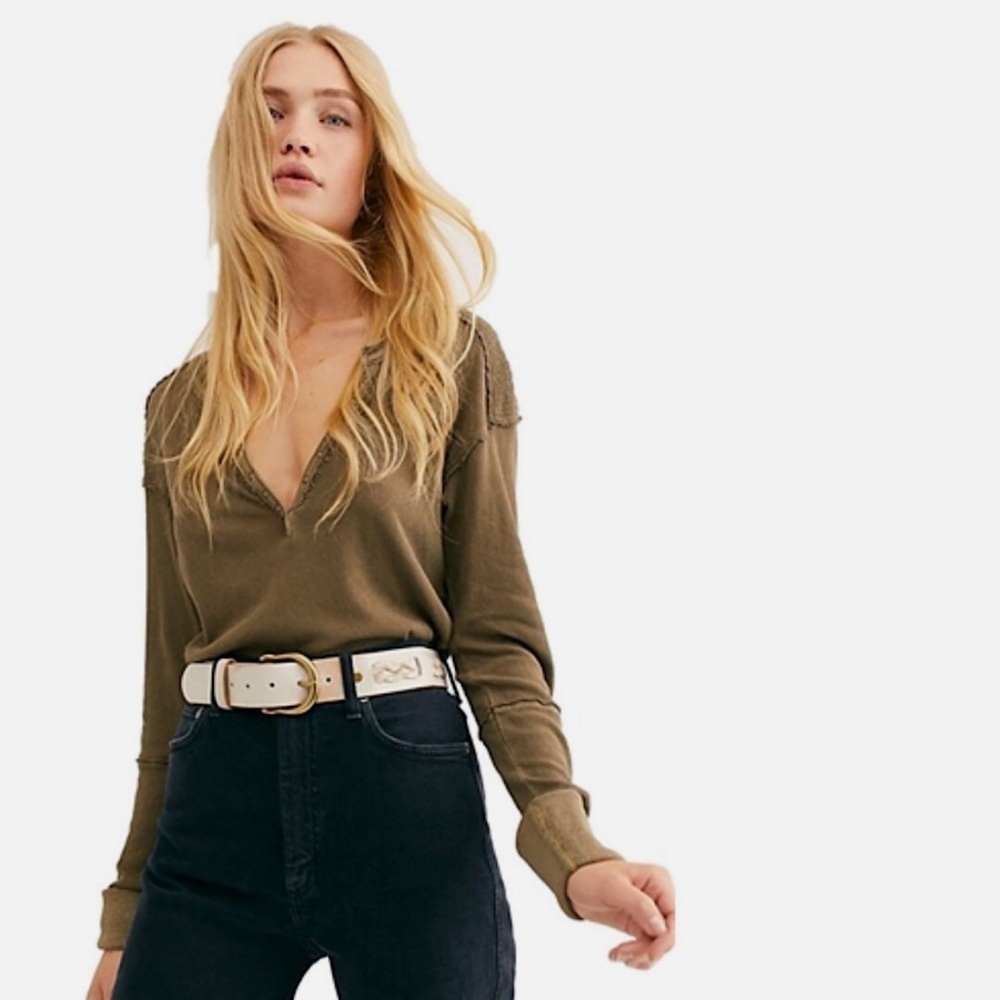 Free People We The Free Military Mix Raw Hem Henley Top XS Olive Distressed‎